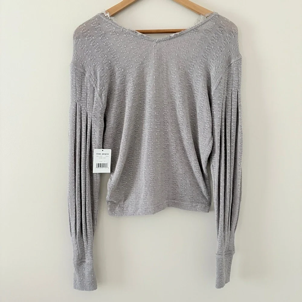 Free People Top Dream Girl Small Storm Grey Boho Pointelle Knit V-Neck Raw Edge